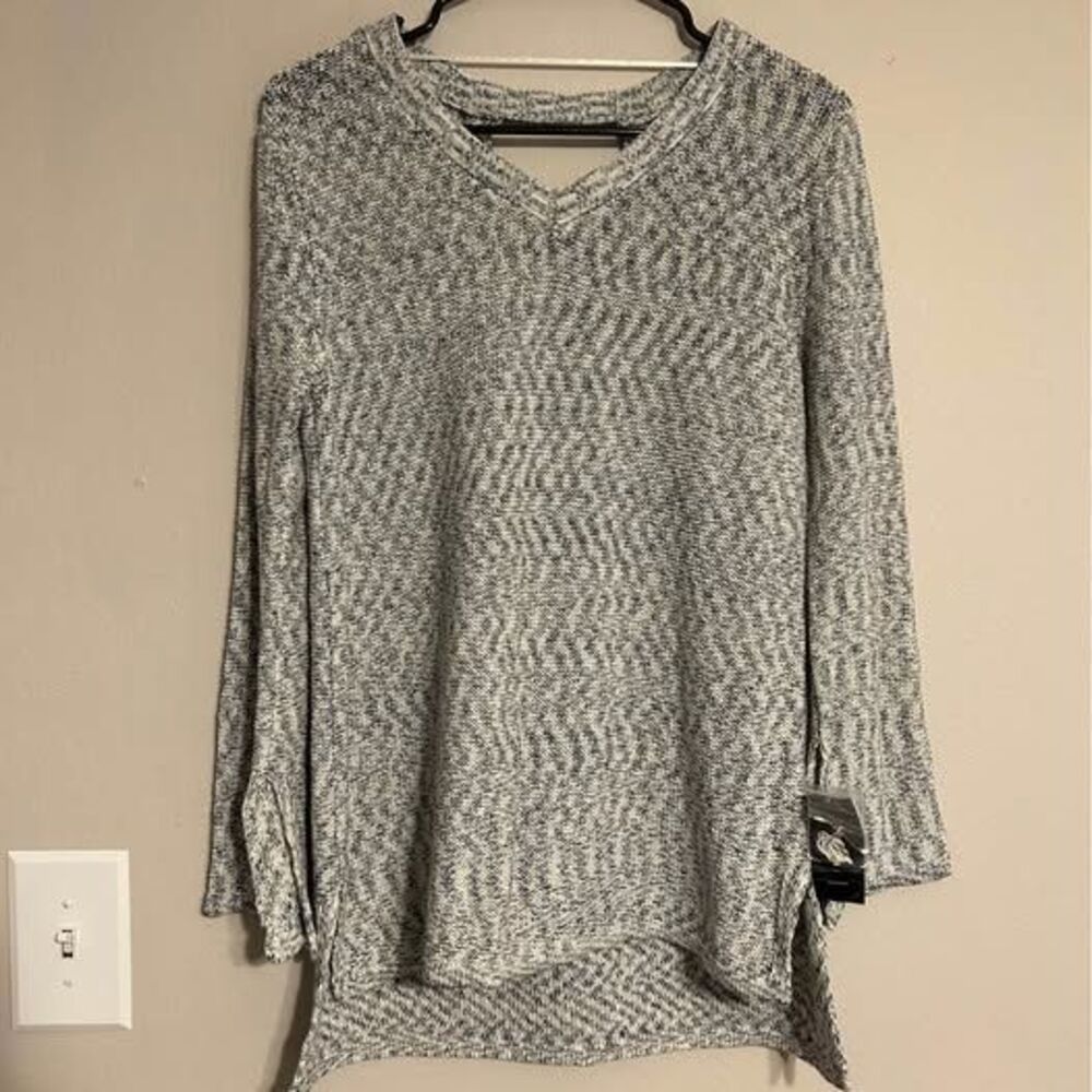 Style & Co Women's Small Blue White Marled Knit V Neck Tunic Sweater NWT